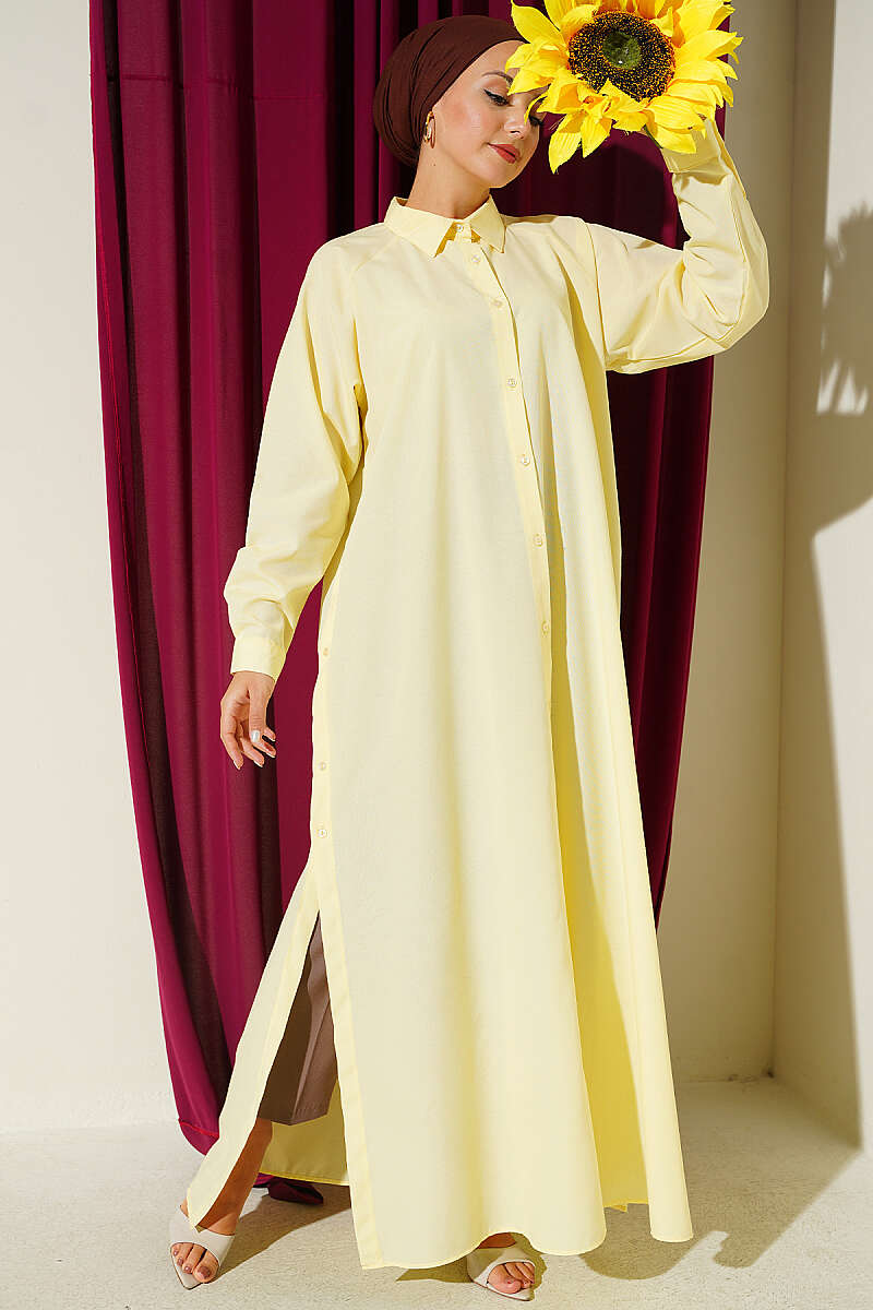 Long Button Shirt with Side Slits - Yellow