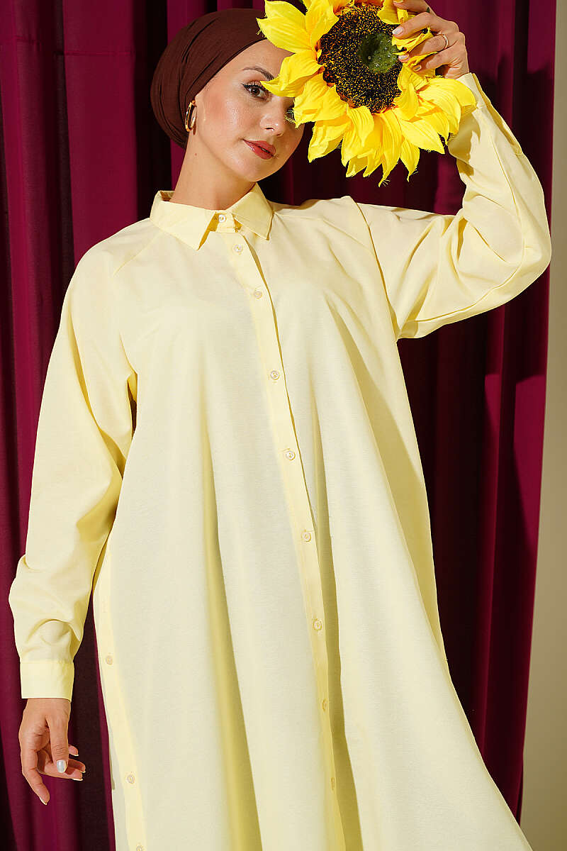 Long Button Shirt with Side Slits - Yellow