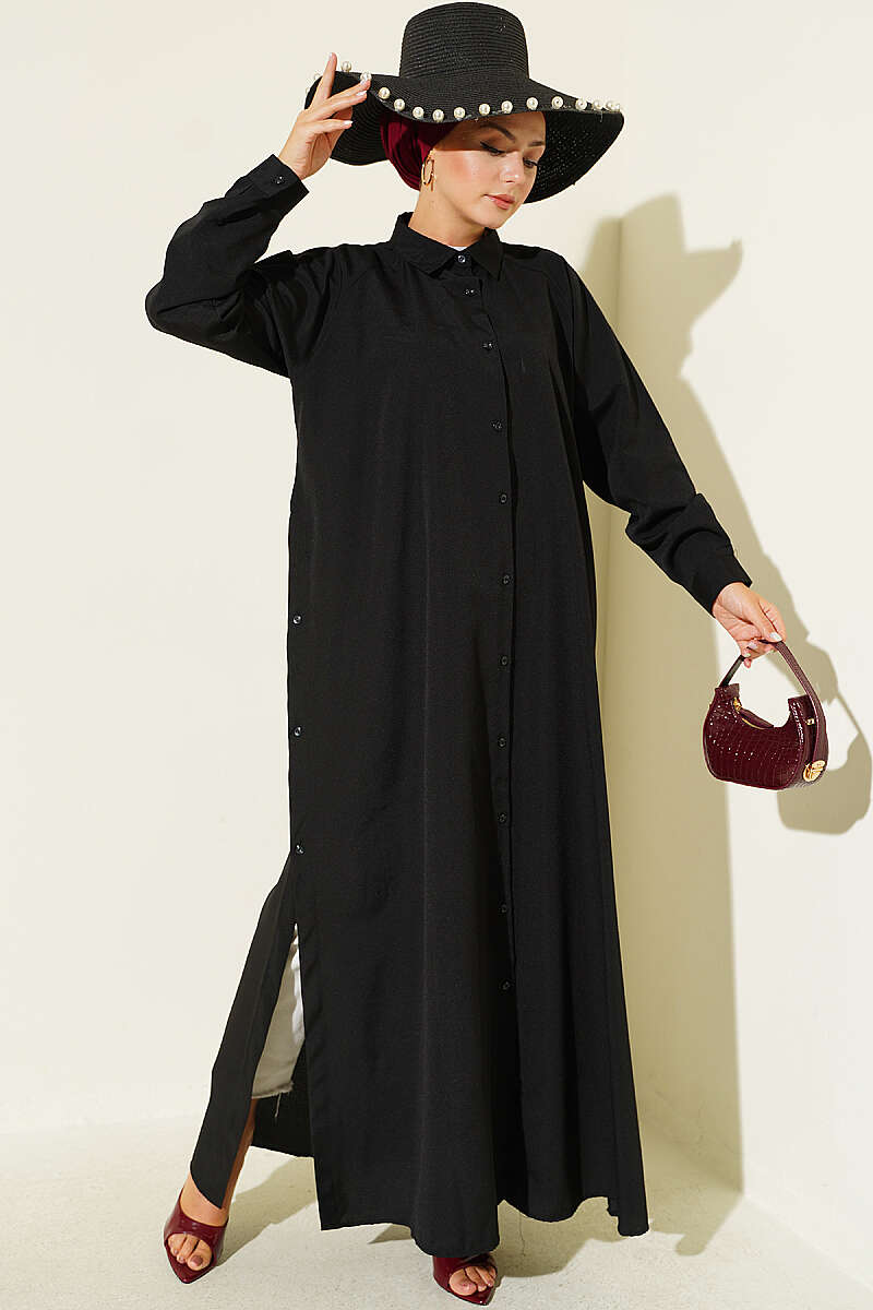 Long Button Shirt with Side Slits - Black
