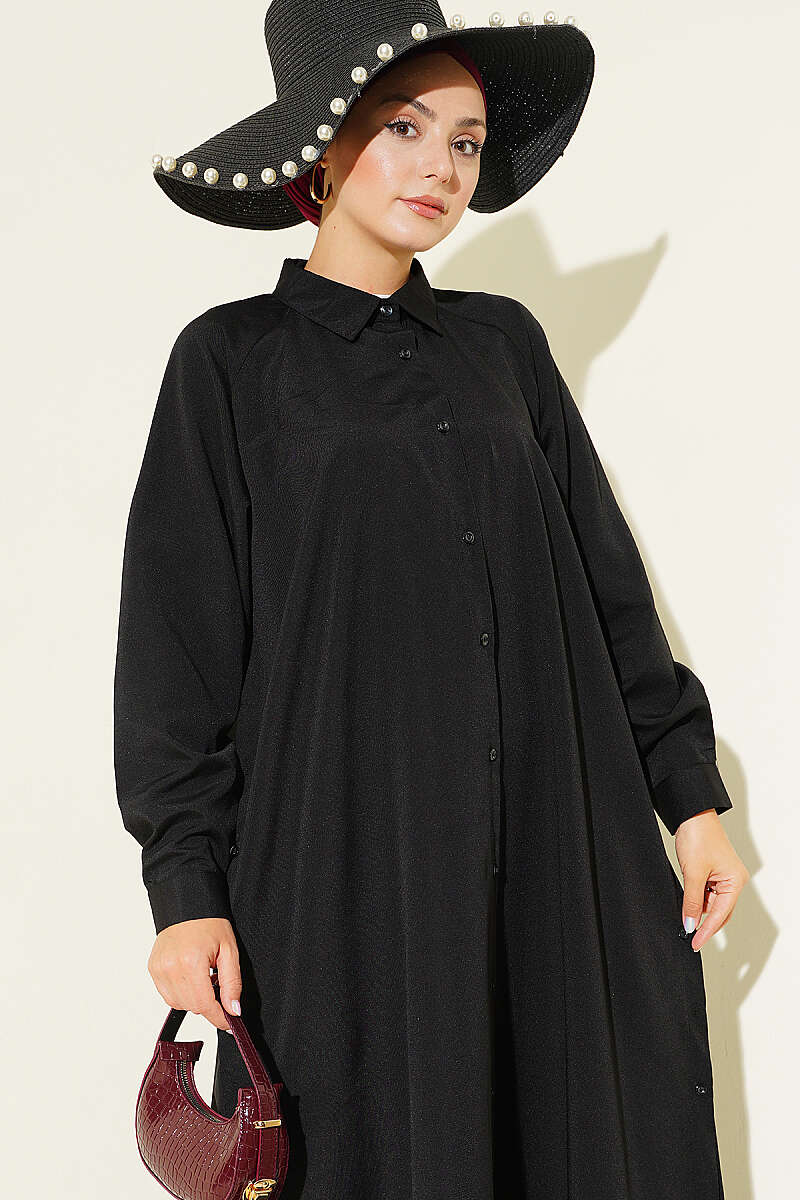 Long Button Shirt with Side Slits - Black