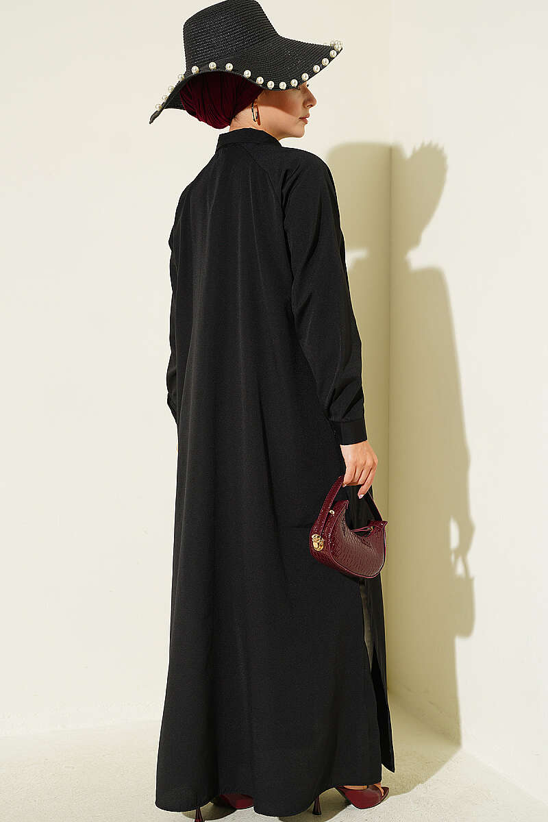 Long Button Shirt with Side Slits - Black