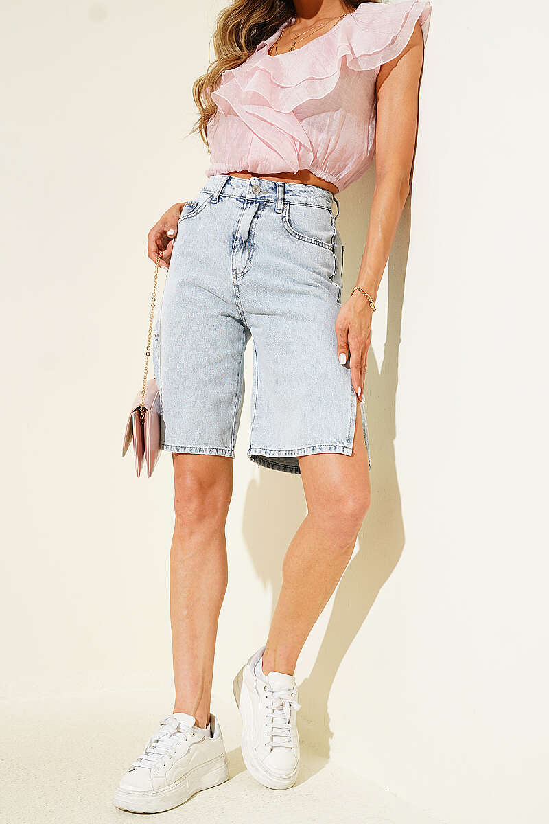 Denim Capris with Side Slits - Ice Blue