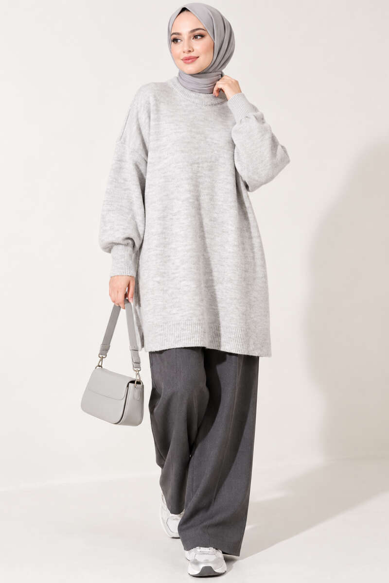 Long Soft Knit Tunic with Side Slits - Light Grey