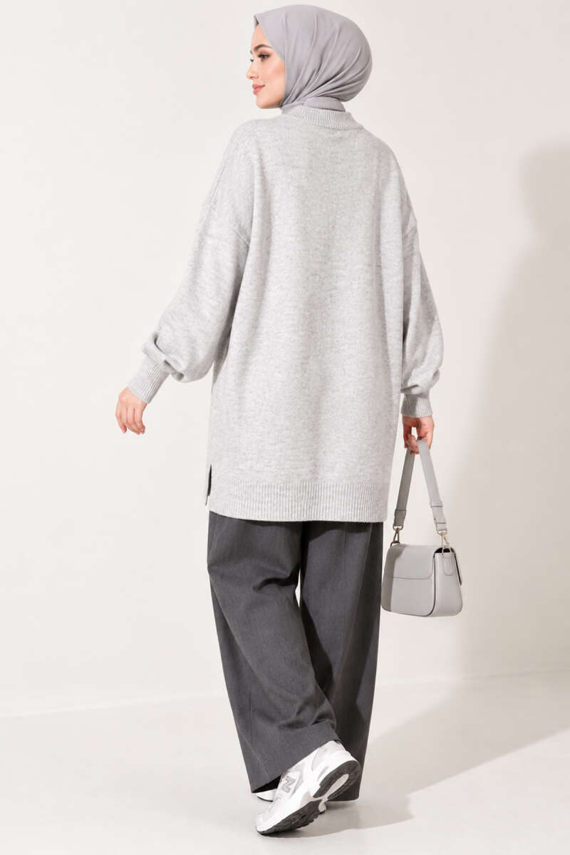 Long Soft Knit Tunic with Side Slits - Light Grey