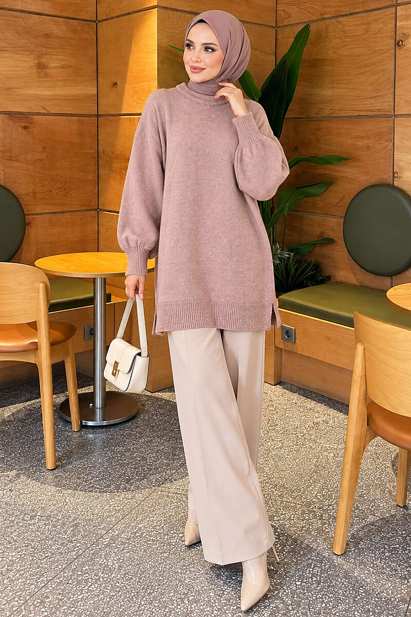 Long Soft Knit Tunic with Side Slits - Dusty Rose