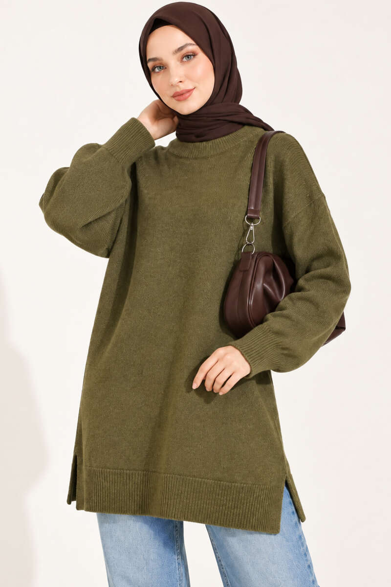 Long Soft Knit Tunic with Side Slits - Khaki