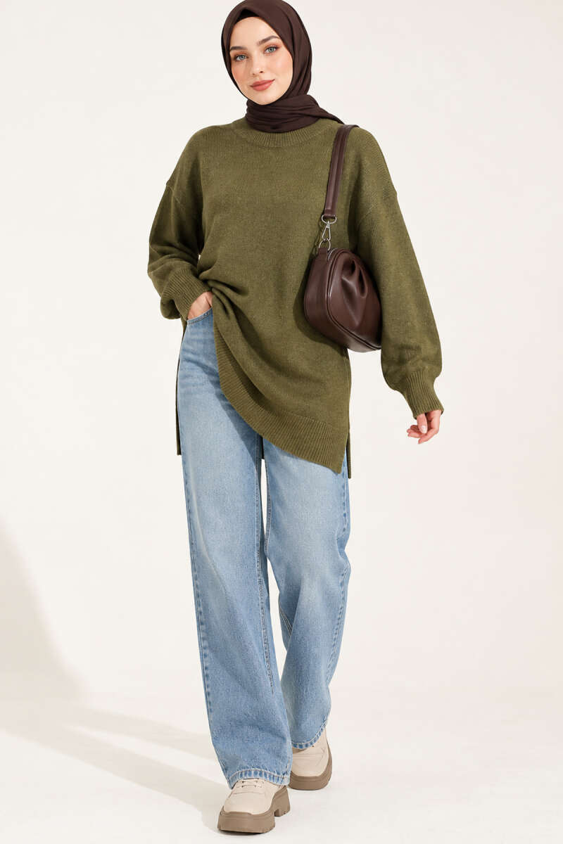 Long Soft Knit Tunic with Side Slits - Khaki