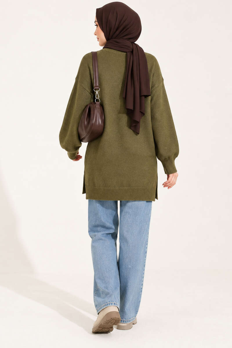 Long Soft Knit Tunic with Side Slits - Khaki