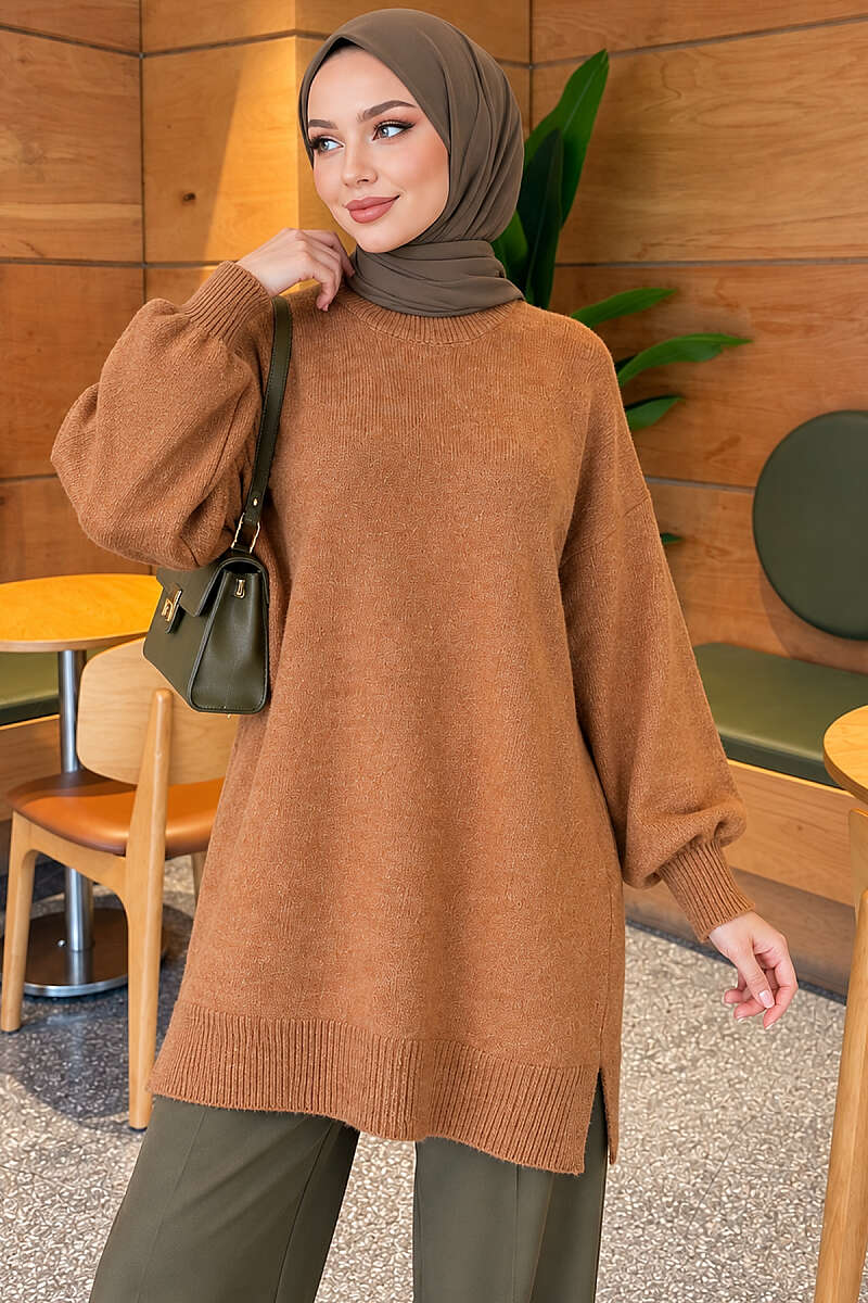 Long Soft Knit Tunic with Side Slits - Mustard