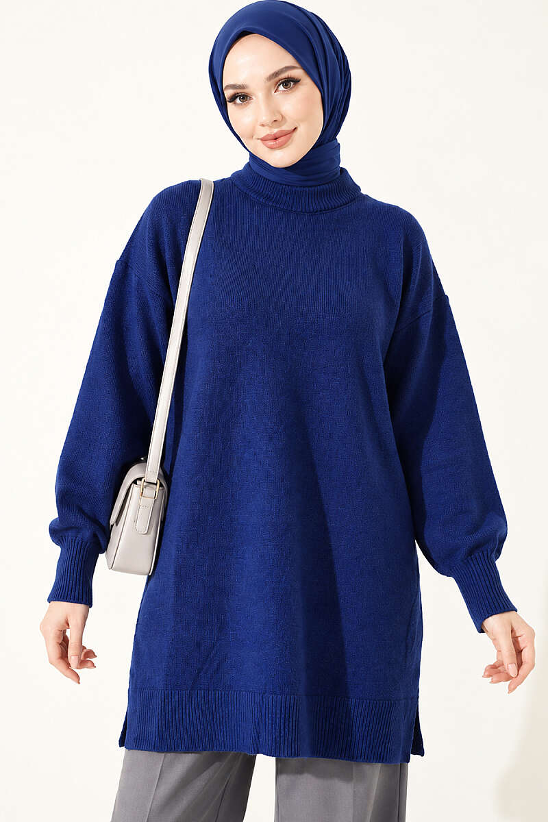 Long Soft Knit Tunic with Side Slits - Navy
