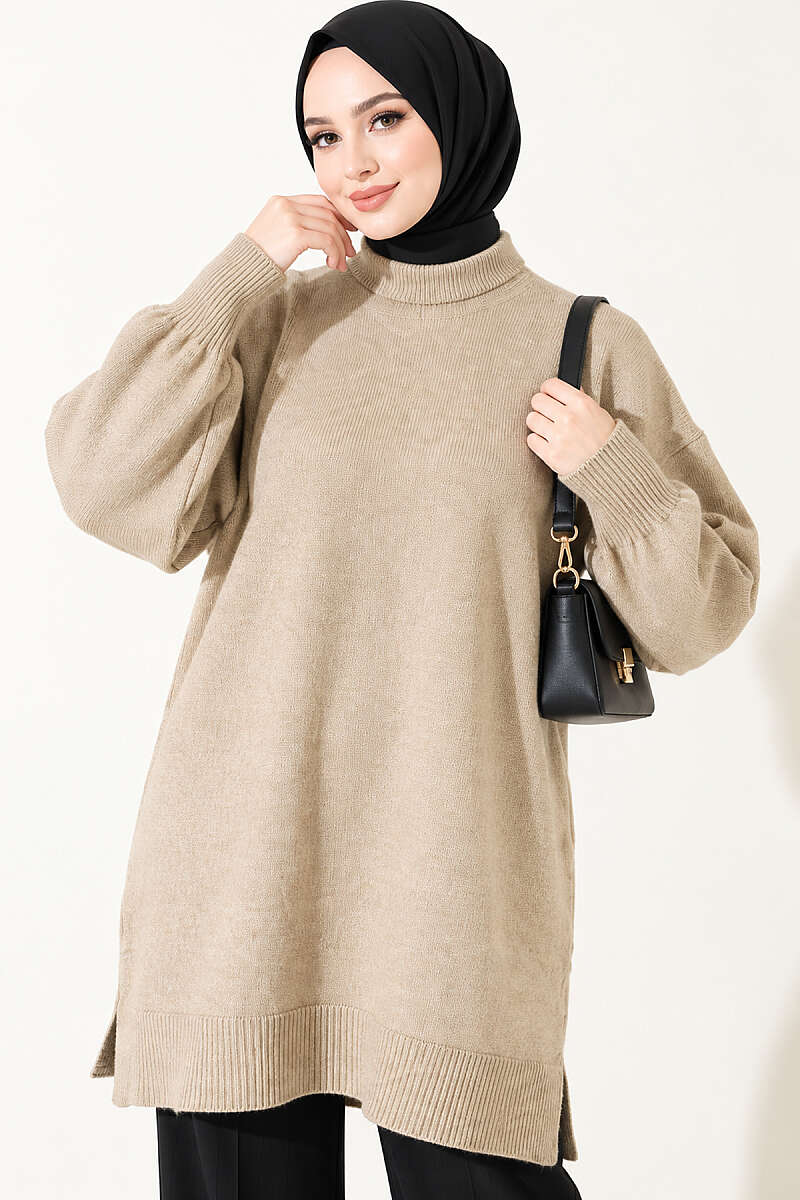 Long Soft Knit Tunic with Side Slits - Latte