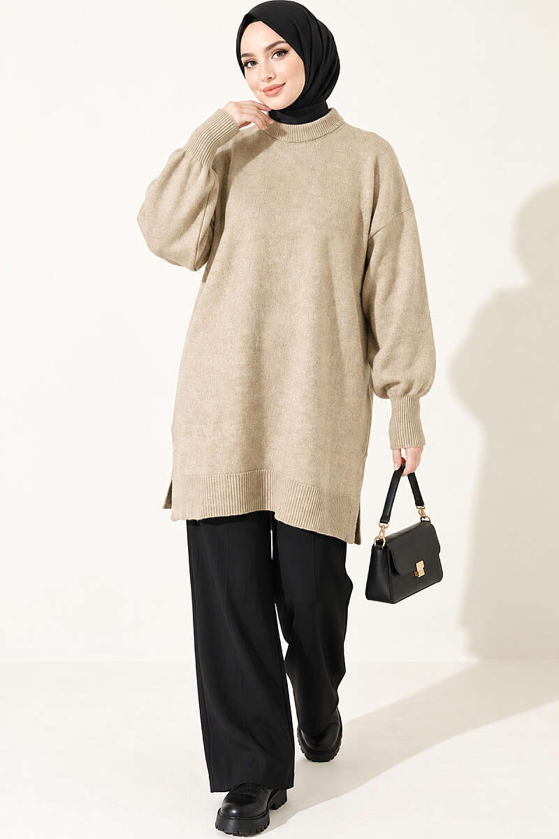 Long Soft Knit Tunic with Side Slits - Latte