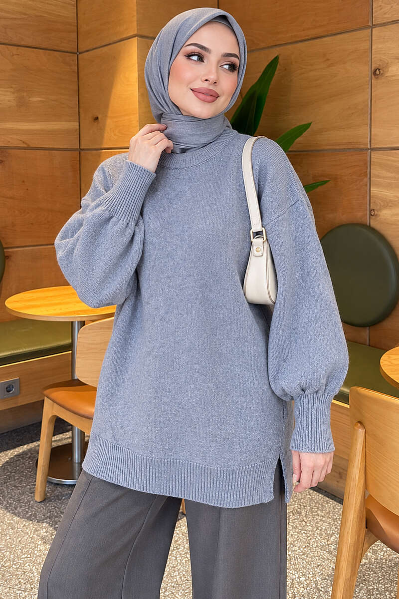 Long Soft Knit Tunic with Side Slits - Blue