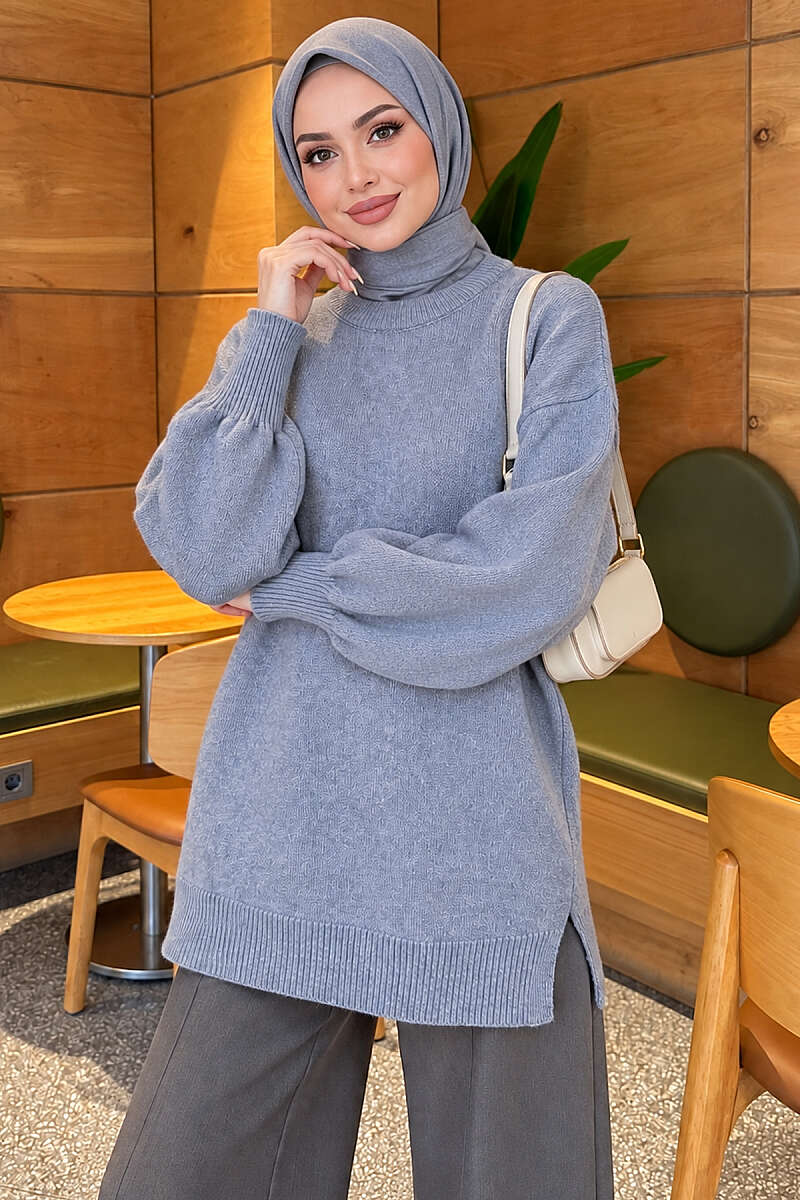 Long Soft Knit Tunic with Side Slits - Blue