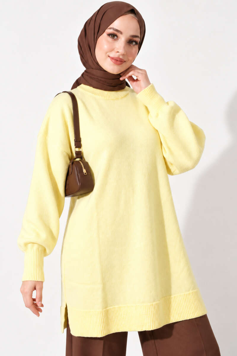 Long Soft Knit Tunic with Side Slits - Yellow
