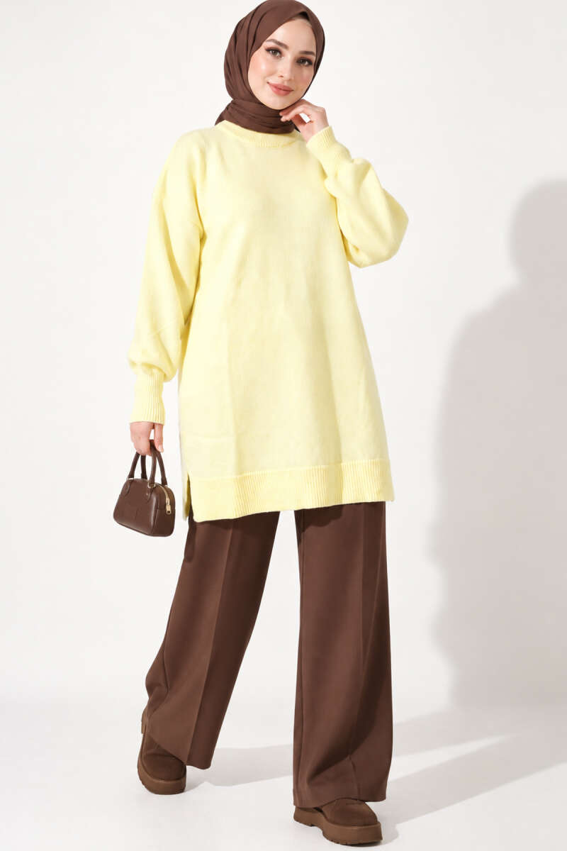 Long Soft Knit Tunic with Side Slits - Yellow
