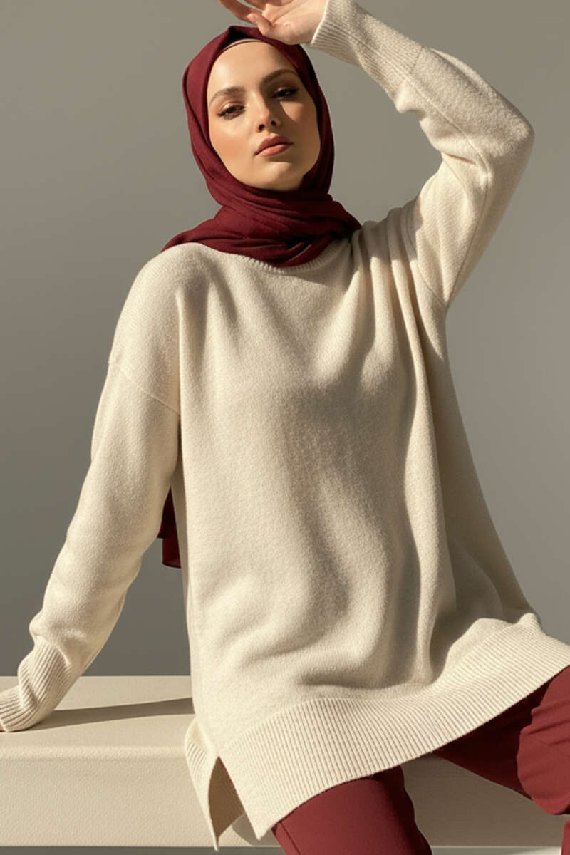 Long Soft Knit Tunic with Side Slits - Stone