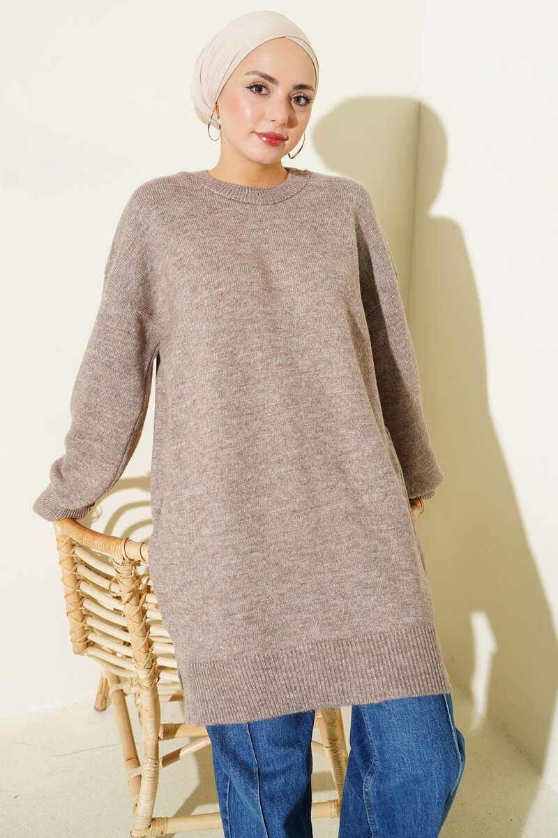 Long Soft Knit Tunic with Side Slits - Mink