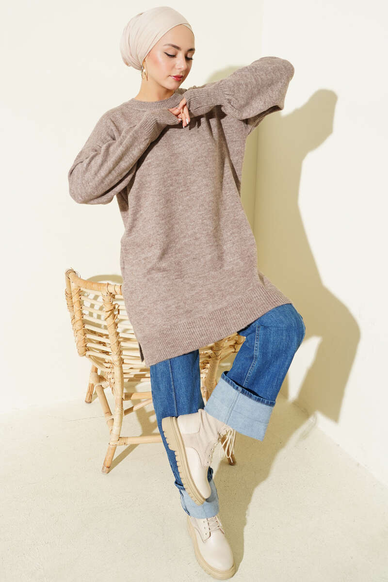 Long Soft Knit Tunic with Side Slits - Mink