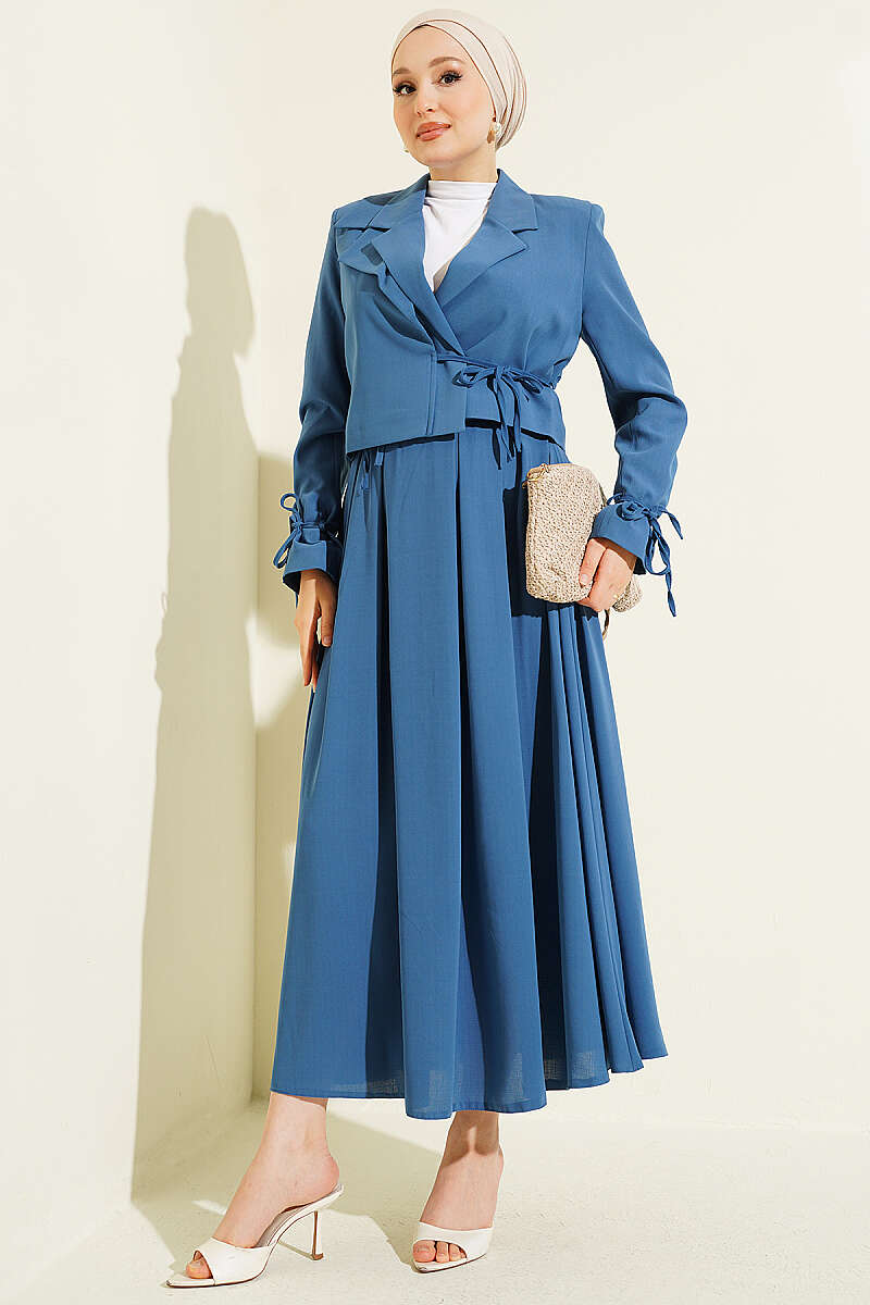 Two-Piece Skirt Set with Side-Tie Jacket - Indigo