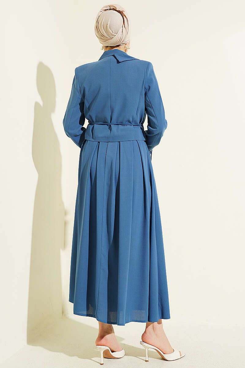 Two-Piece Skirt Set with Side-Tie Jacket - Indigo