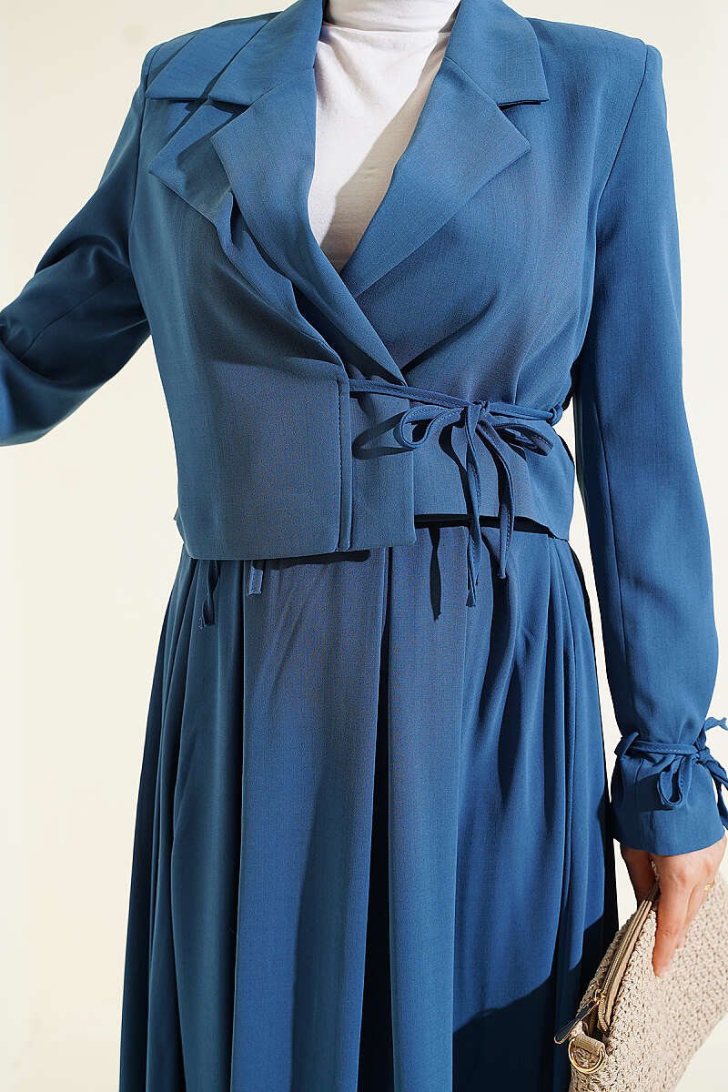 Two-Piece Skirt Set with Side-Tie Jacket - Indigo