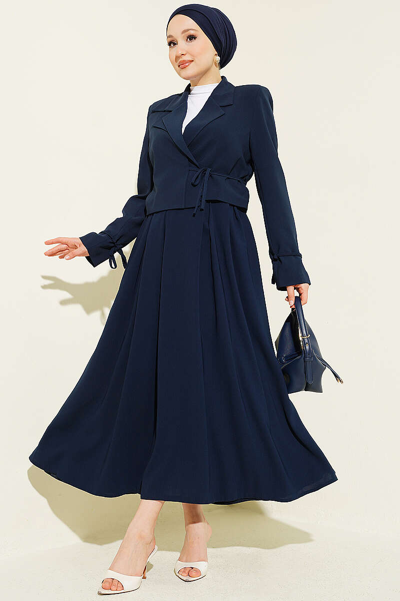 Two-Piece Skirt Set with Side-Tie Jacket - Navy