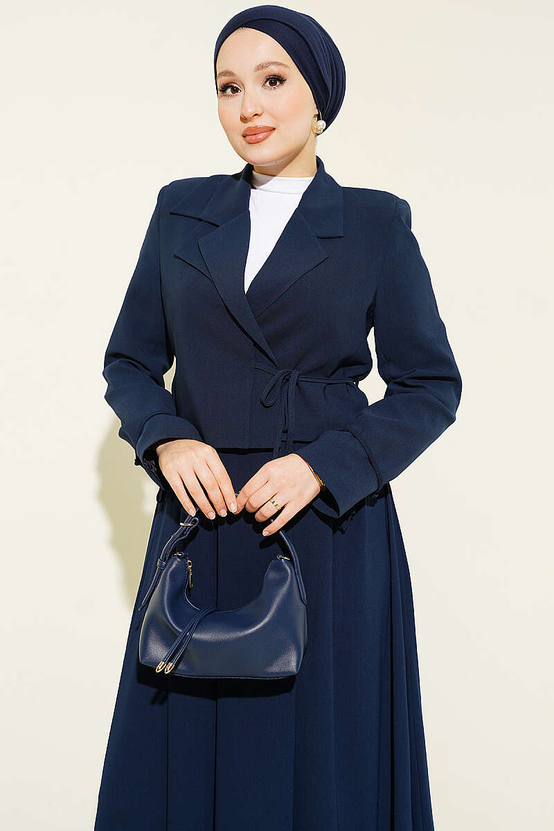 Two-Piece Skirt Set with Side-Tie Jacket - Navy
