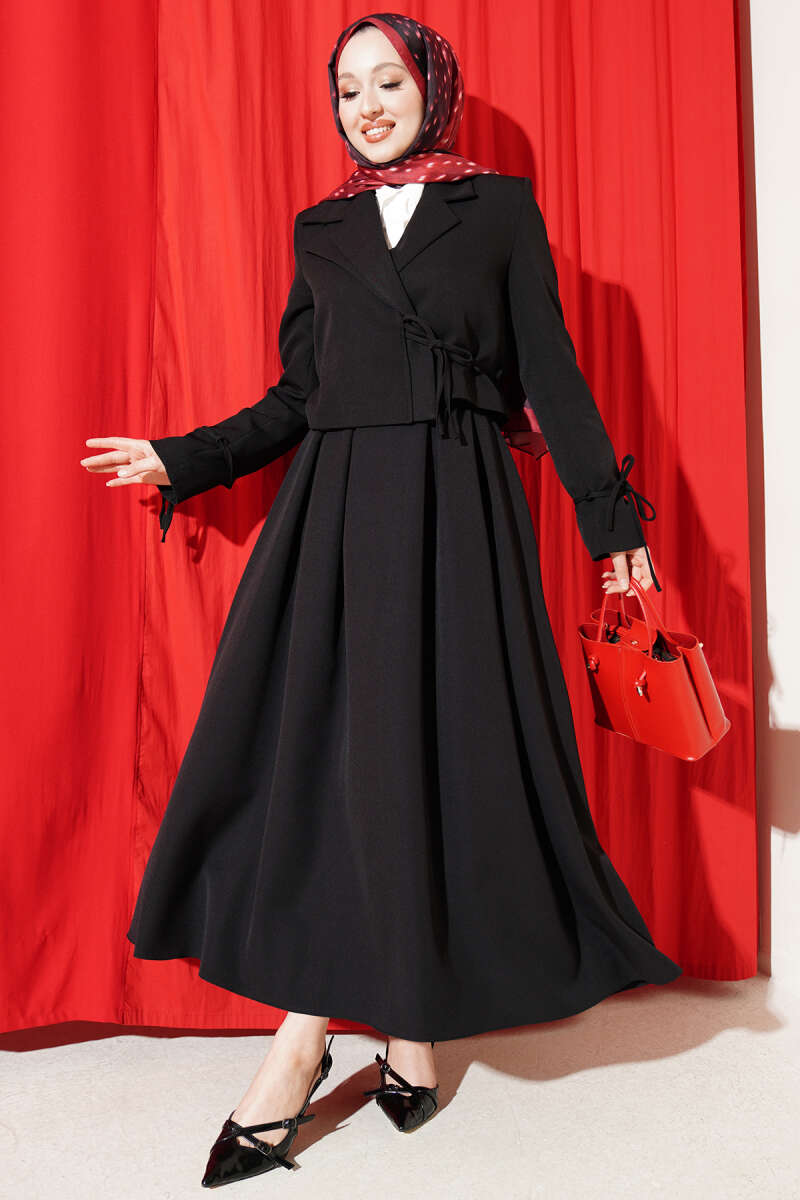 Two-Piece Skirt Set with Side-Tie Jacket - Black