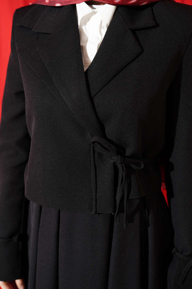 Two-Piece Skirt Set with Side-Tie Jacket - Black