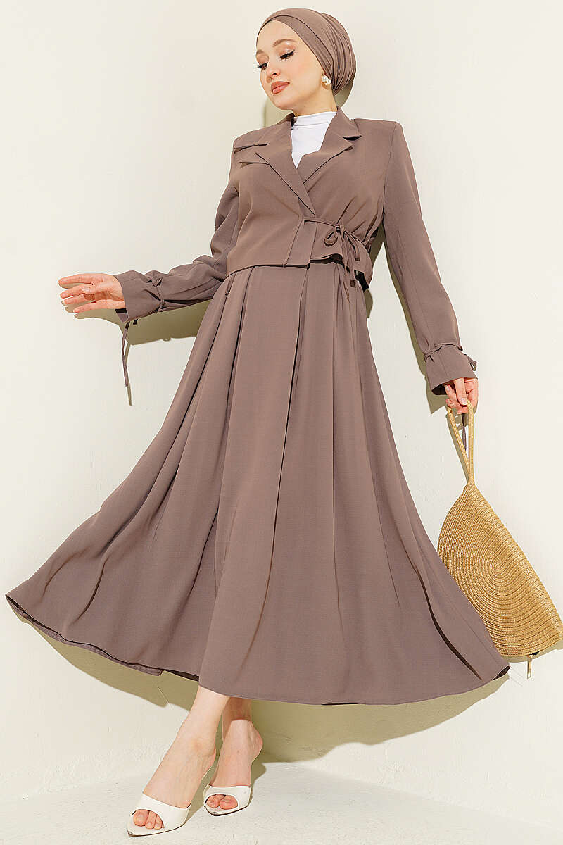 Two-Piece Skirt Set with Side-Tie Jacket - Mink