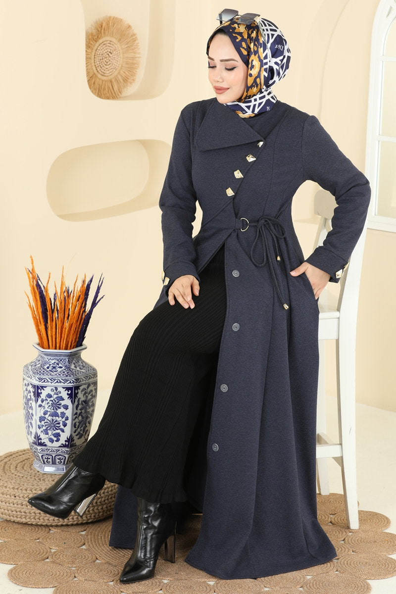 Tweed Abaya Coat with Side Ties - Navy