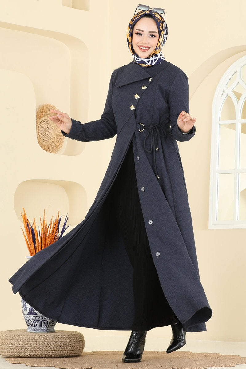 Tweed Abaya Coat with Side Ties - Navy