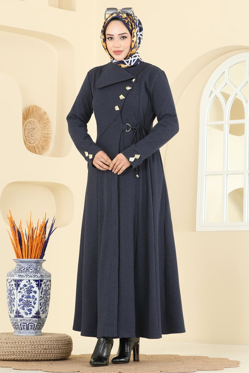 Tweed Abaya Coat with Side Ties - Navy