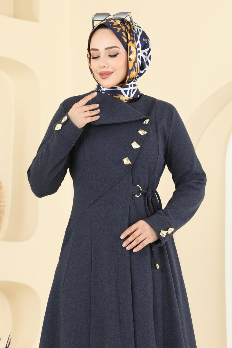 Tweed Abaya Coat with Side Ties - Navy
