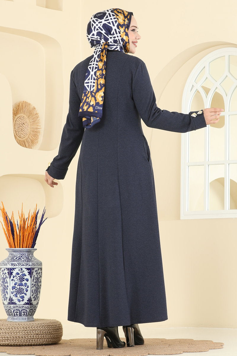 Tweed Abaya Coat with Side Ties - Navy
