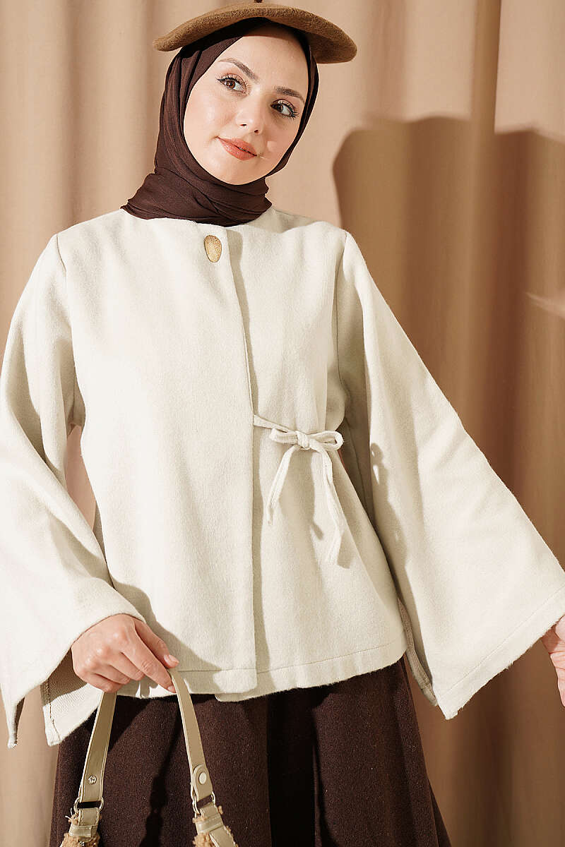 Jacket with Flared Sleeves and Side Ties - Beige