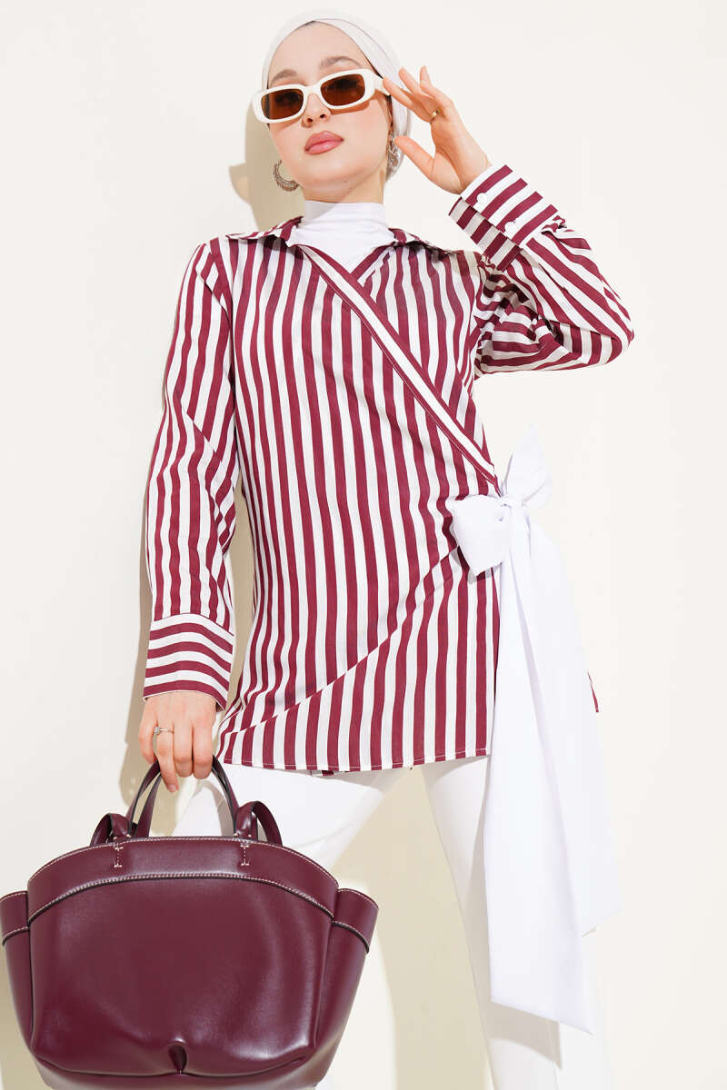 Striped Side-Tie Kimono - Burgundy