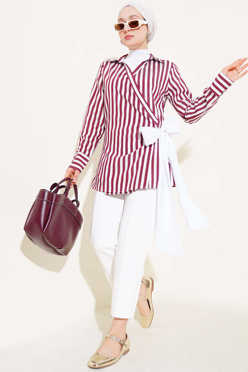 Striped Side-Tie Kimono - Burgundy