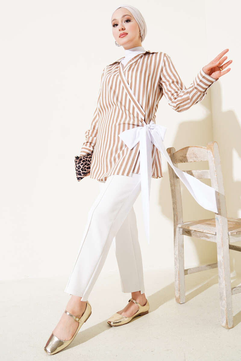 Striped Side-Tie Kimono - Camel