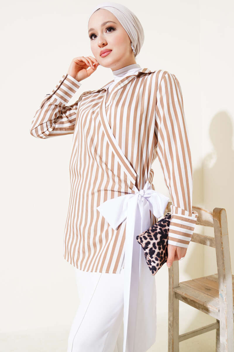 Striped Side-Tie Kimono - Camel