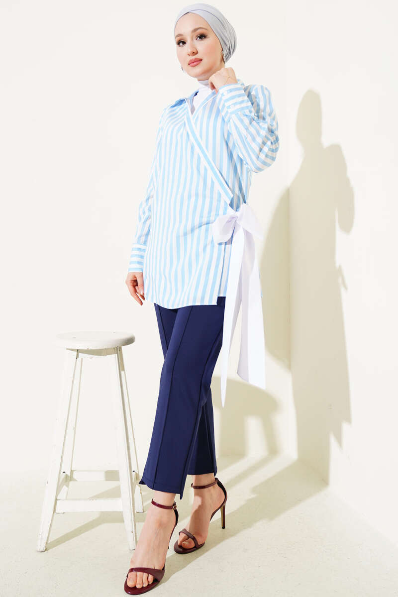Striped Side-Tie Kimono - Blue