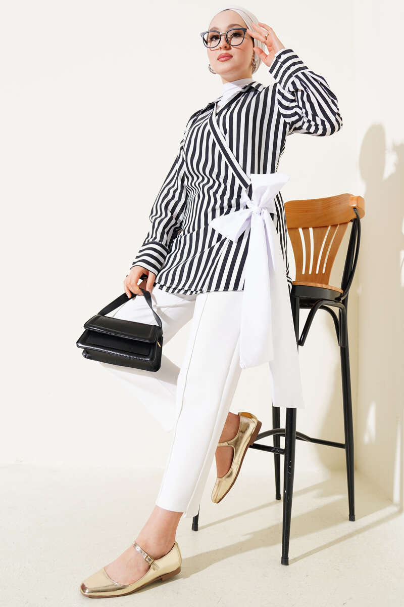 Striped Side-Tie Kimono - Black