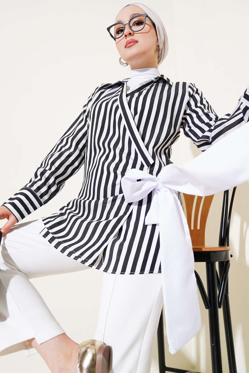 Striped Side-Tie Kimono - Black