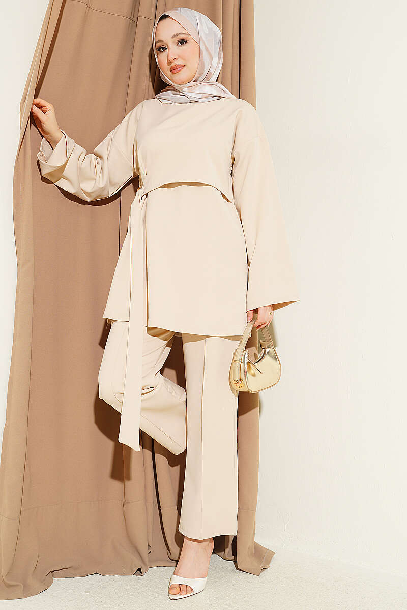 Side-Tie Double-Knit Two-Piece Set - Beige