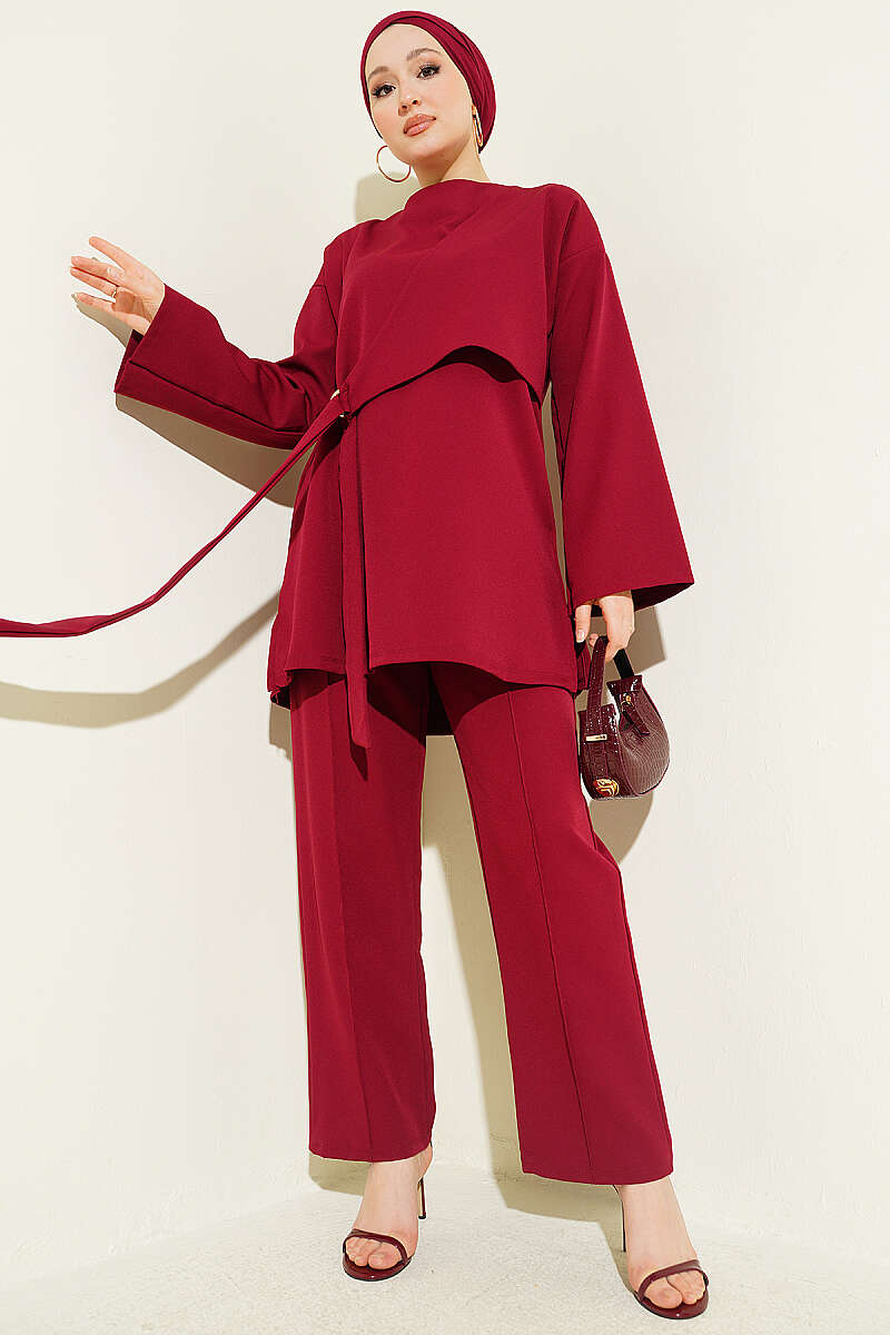 Side-Tie Double-Knit Two-Piece Set - Burgundy