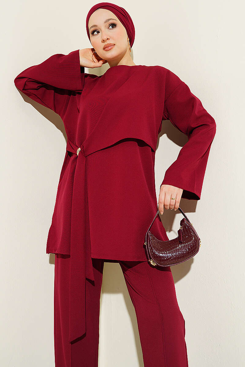Side-Tie Double-Knit Two-Piece Set - Burgundy