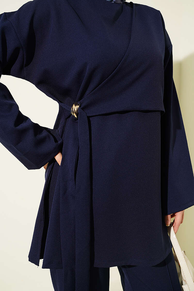 Side-Tie Double-Knit Two-Piece Set - Navy