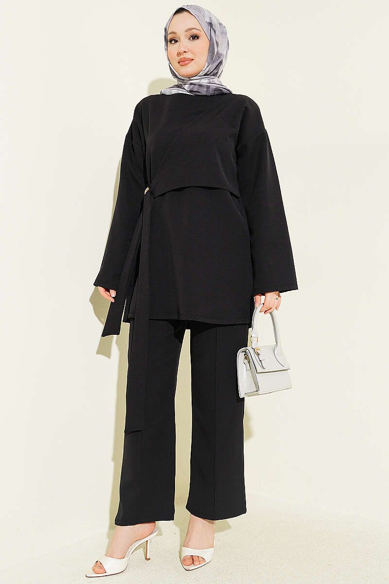 Side-Tie Double-Knit Two-Piece Set - Black