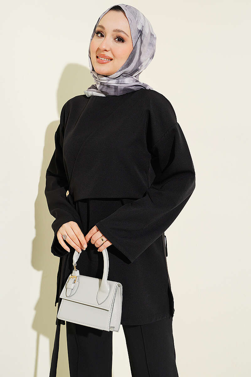 Side-Tie Double-Knit Two-Piece Set - Black